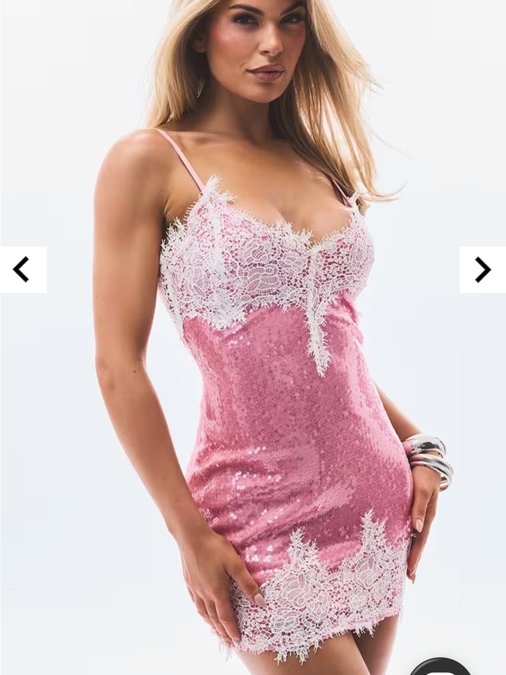 EGO Pink Sequin Lace Trim Chemise with Spaghetti Straps